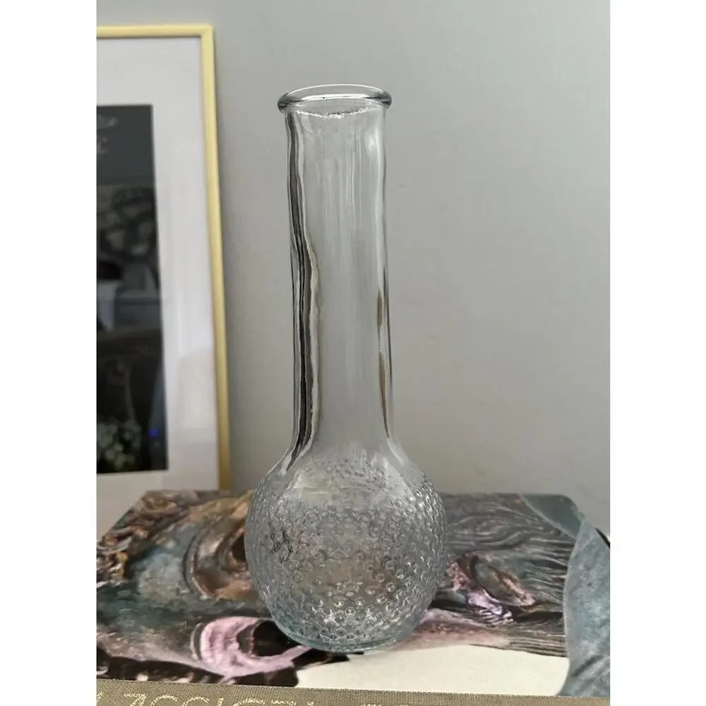 Set Of Three Vintage Green And Clear Glass Vases With Floral And Hobnail Designs